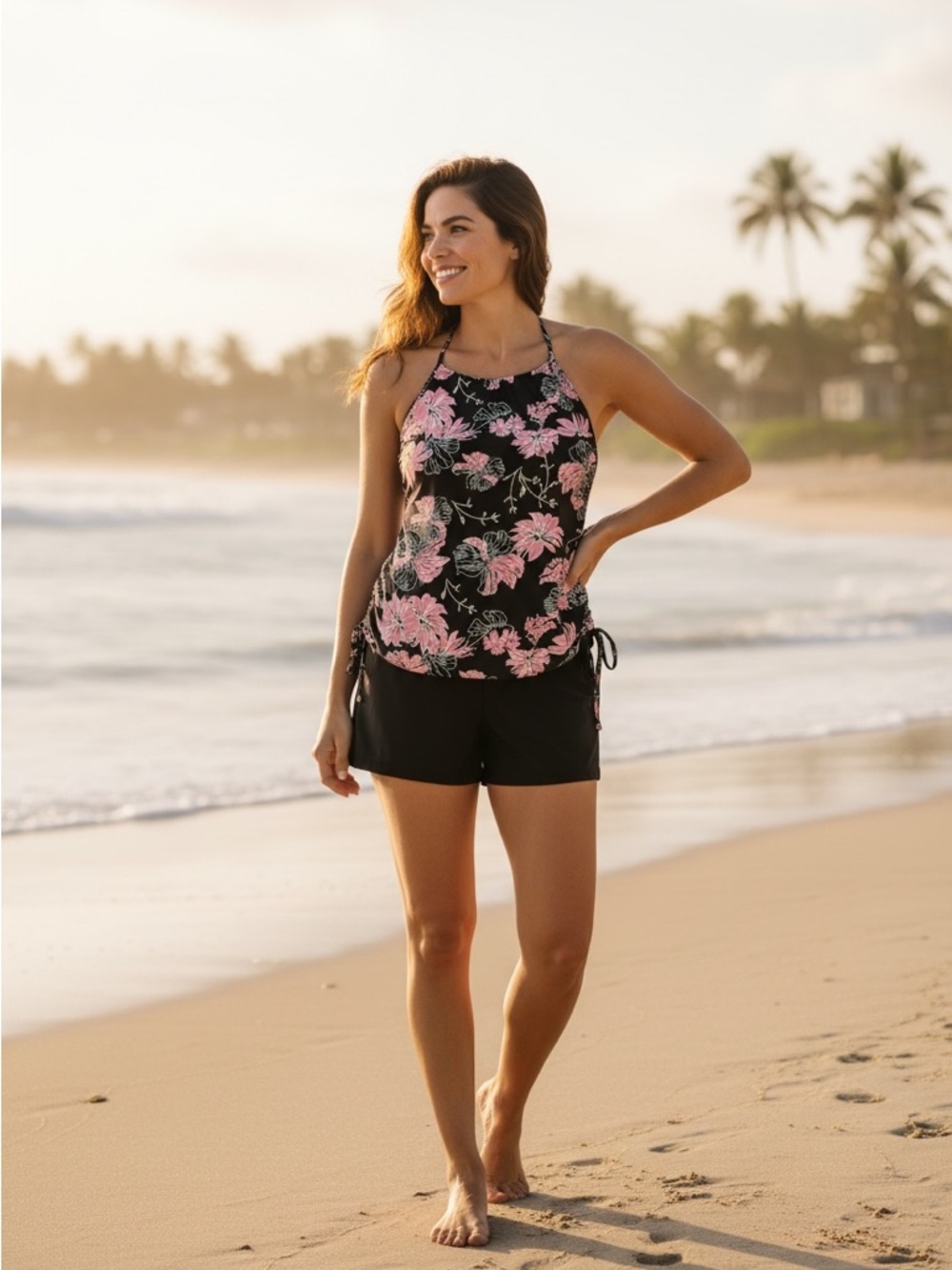NWOT, Floral Pink & Black Two-Piece Swim Tankini Set,